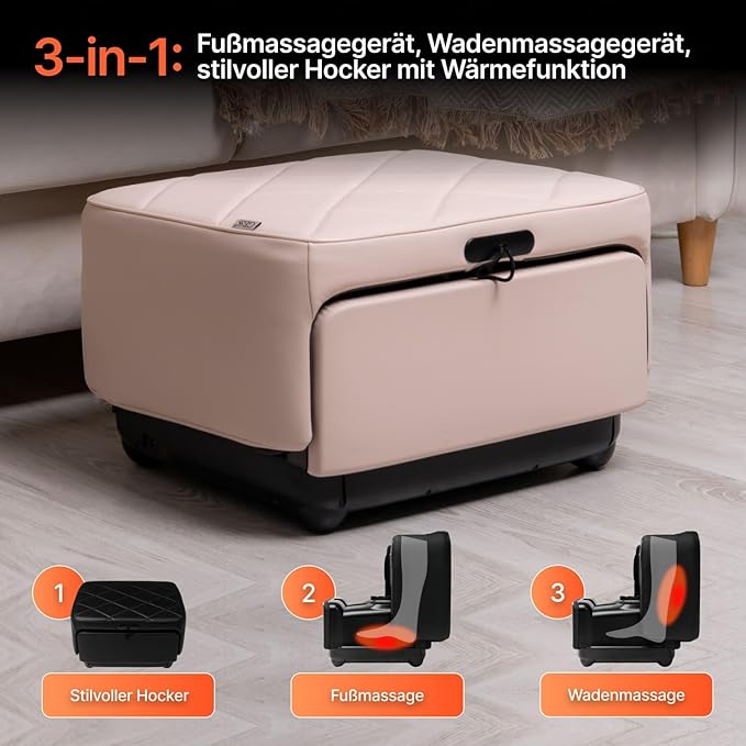 GESS PUF 3-in-1 Foot &amp Calf Massager Electric with Heat &amp Shiatsu Air Compression Timer - Massager for Blood Circulation &amp Relaxation at Home Beige