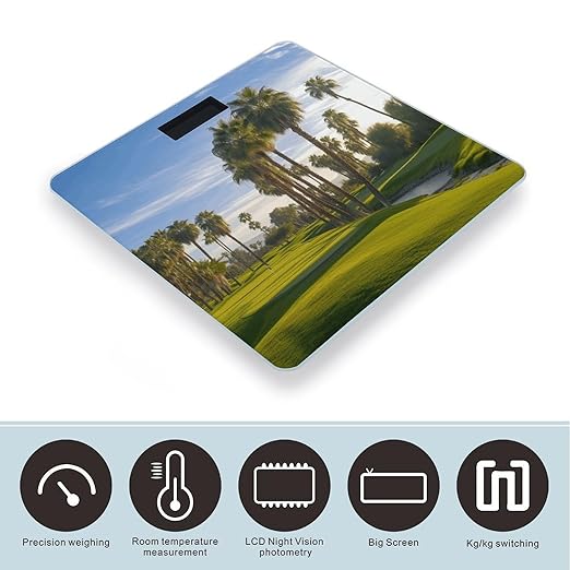 Palm Tree Golf Course Scale for Body Weight Anti-Slip Tempered Glass Digital Bathroom Scales Clear LCD Display Weighing Scale Safe Rounded Corners Smart Scales