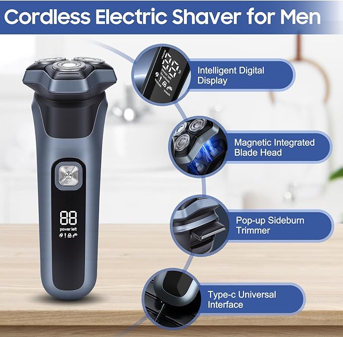 Electric Shaver for Men Cordless Electric Shaver for Men Face with 3D Floating Heads Rechargeable Bald Head Shavers for Mens Ipx7 Waterproof Body for Mens with LED Display Wet &amp Dry Use