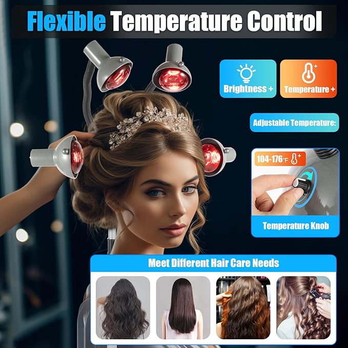 5 Head Infrared Heat Lamp750W Red Lamp Salon Hair Steamer Perming Dyeing Adjustable Height Machine for Perming Dyeing Shaping Baking Oiling Hair Care