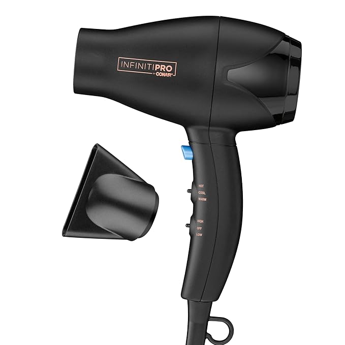 INFINITI PRO CONAIR Travel Hair Dryer 1600W Mighty Mini Compact Blow Dryer with Concentrator Attachment Lightweight Professional AC Motor for Fast Drying 3 Heat &amp 2 Speed Settings Black