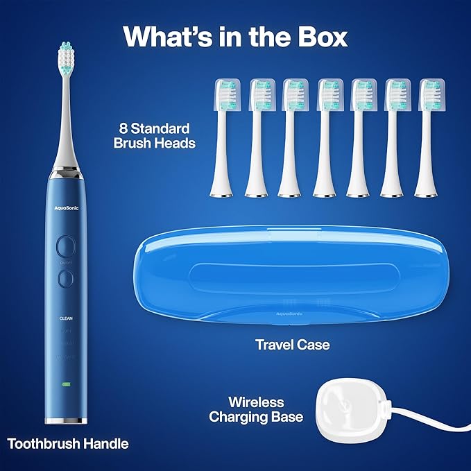 Aquasonic Vibe Series Ultra-Whitening Toothbrush – ADA Accepted Electric Toothbrush - 8 Brush Heads &amp Travel Case – 40000 VPM Motor &amp Wireless Charging - 4 Modes w Smart Timer – Sapphire Blue