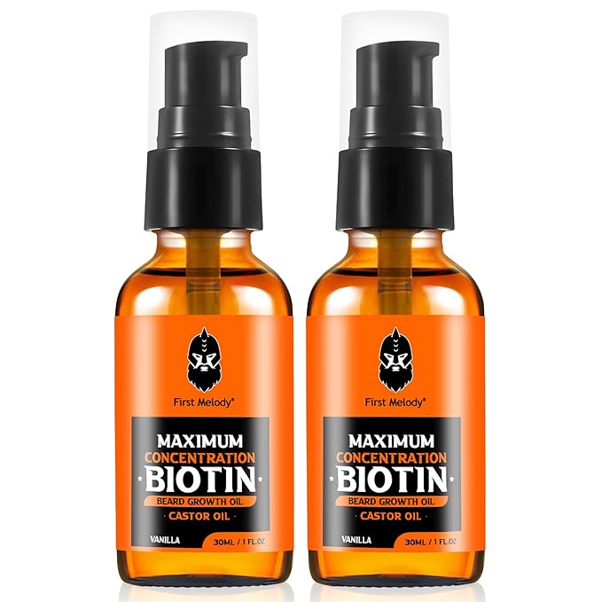 Beard OilMaximun Thickening Biotin with Castor Oil and Argan &amp Jojoba Oils Promotes Beard Growth Styles Strengthens &amp Softens Beards &amp Mustaches1 Ounce*2（2 Pack）