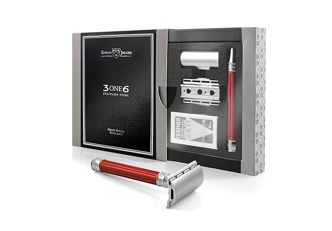 Edwin Jagger 3ONE6 DE Stainless Steel Safety Razor Grooved 1x Pack of Razor Blades (Anodized Red)
