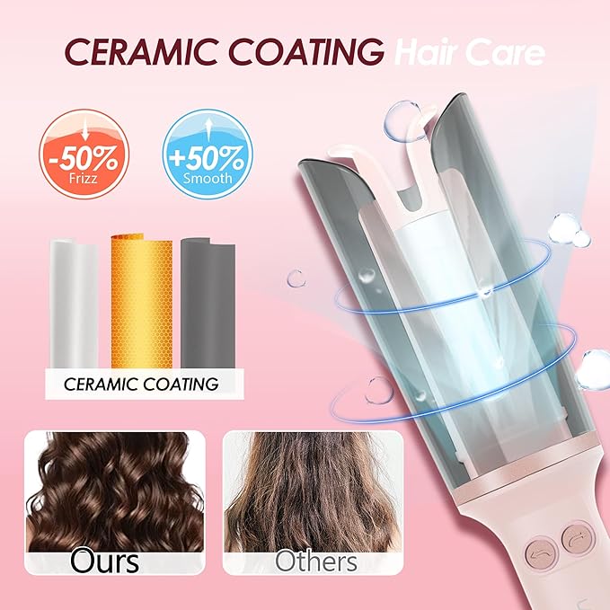 2PCS Automatic Curling Iron 1 Inch with 3 Temps Rotating Curling Iron 2-Way Rotation Hair Curler Ionic Ceramic Coating Anti-Scald &amp Tangle Auto Shut-Off for Hair Styling (Pink) (Pink*2PCS)