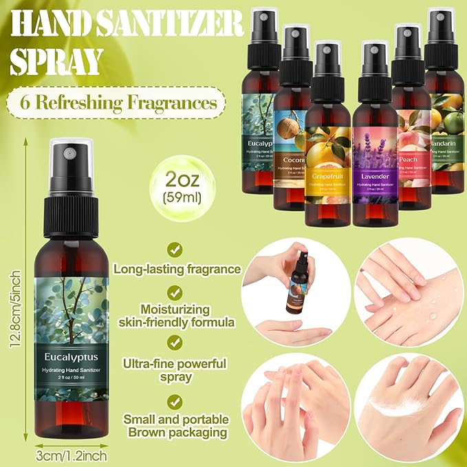 12 Pcs Hydrating Hand Sanitizer Spray with Essential Oil Scented Hand Sanitizer Spray Travel Size 2 Fl oz Brown Pocket Bottle Assorted Scents for Employee Friend Christmas Stocking Stuffers