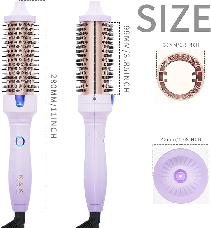 K&ampK 1.5 inch Volumizing Brush Heated Curling Ceramic Tourmaline Ionic Curling Iron Quick Heating Makes Hair Silky Smooth Dual Voltage Travel-Friendly Straightening Round Design (Purple 1.5 Inch)