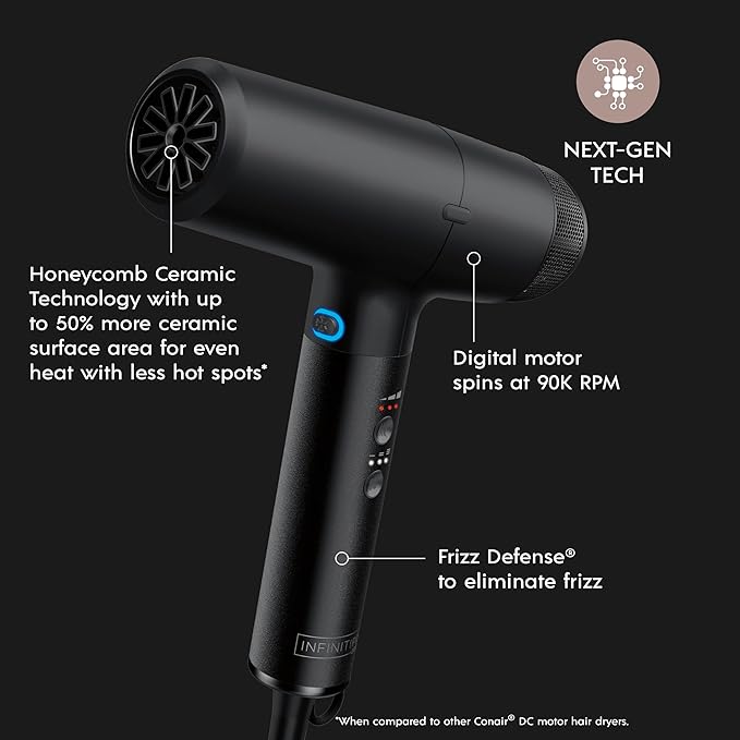 INFINITIPRO by CONAIR DigitalAIRE Hair Dryer | Frizz-Eliminating Hair Dryer with Diffuser | Hair Blow Dryer with Up to 5X More Speed for Higher Air Pressure &amp Drying Power | Black (Pack of 2)