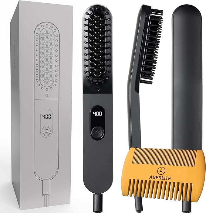 Aberlite Slim Beard &amp Hair Straightener - Anti-Scald Comb Tooth - Ionic Conditioning - Heated Brush - Straightening Comb for Men - for All Beard Types