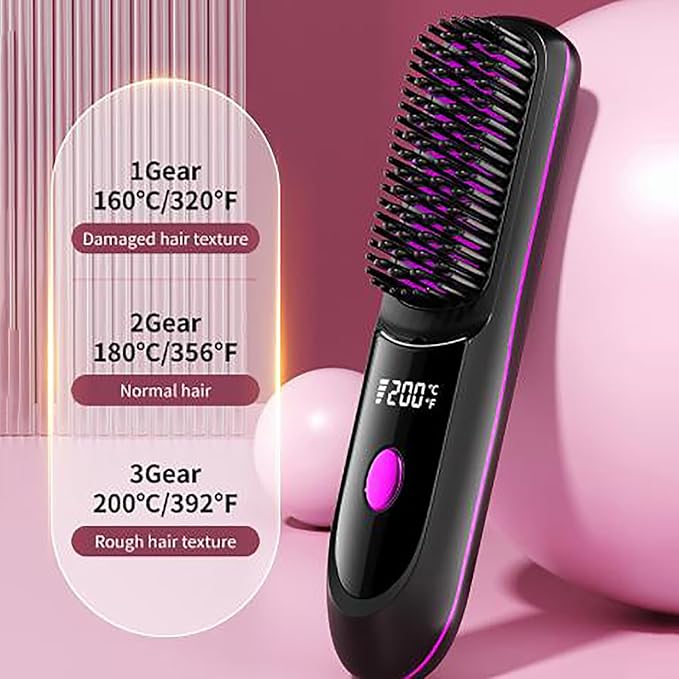 Straightener Brush with Temp Settings Portable Cordless Straightening Comb with Base Negative (02)