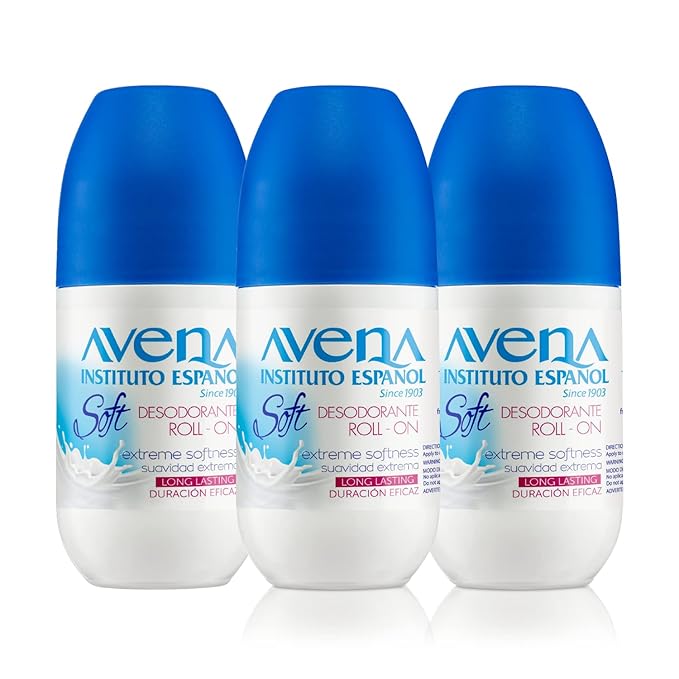 Avena Instituto Español Deodorant Roll-On 3 Pack of 2.5 Oz Bottles Oat-Based Formula for Softness and 48 Hours Freshness