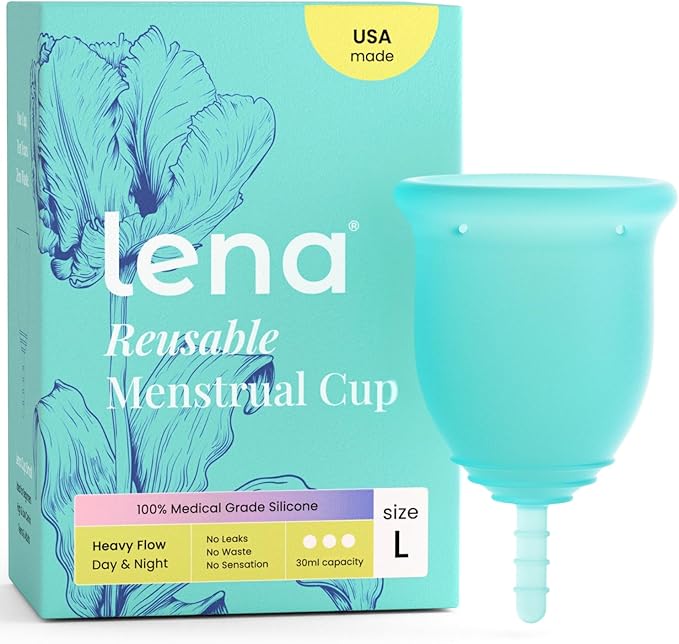 Lena Menstrual Cup Original - Soft Medical-Grade Silicone Period Cups for Women Heavy Flow Reusable and Comfortable 12-Hour Leak-Free Protection Beginner-Friendly Feminine Care - Large Turquoise
