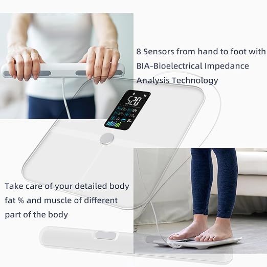 8 Electrode Smart Body Fat Scale Scales for Body Weight and Fat Large Display BMI Digital Weight Scale Composition Analyzer with Report Accurate Bathroom Scale for Weight Muscle White
