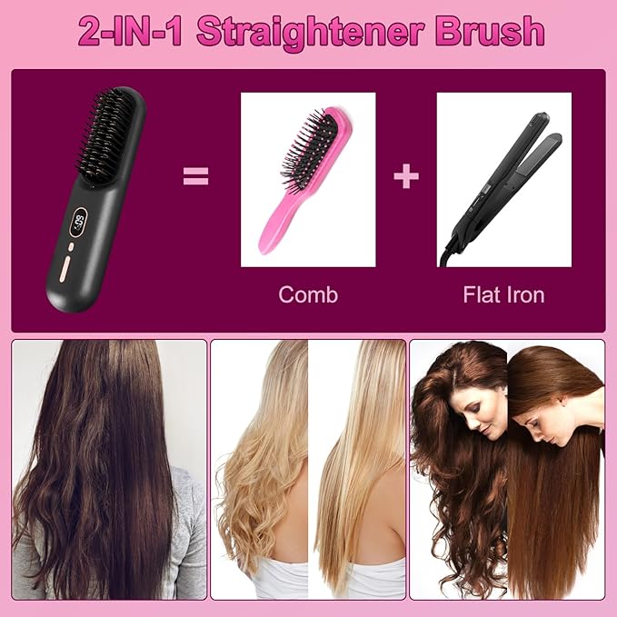 Cordless Hair Straightener Brush Mini Portable Rechargeable Straightening Brush Negative Ionic Hot Comb Straightener with 12 Temp Settings Auto-Off Led Display for Women (Black)