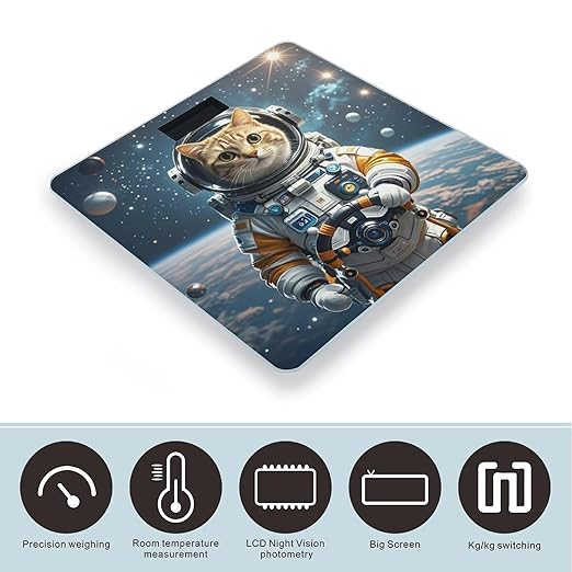 Astronaut Cat in Space Bathroom Scale for Body Weight Bathroom Weighing Scales with Back Lit LED Display Sturdy Tempered Glass Body Weight Bathroom Scale 400lb Weighing