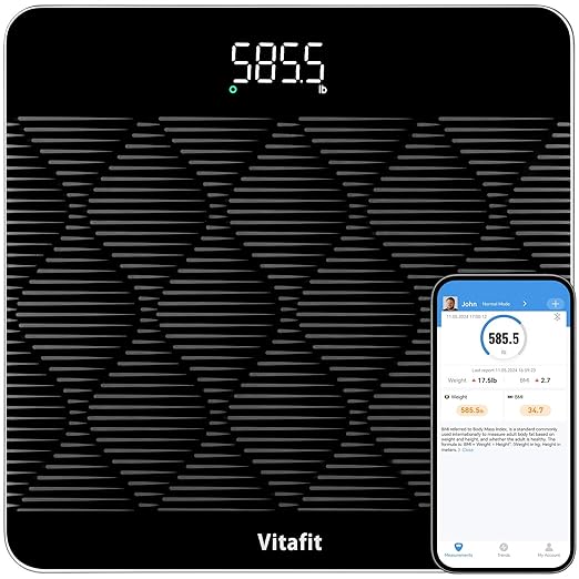 Vitafit Amazing 660lb Smart Bathroom Scale for Body Weight in 0.1lb High Accuracy Assured by Scale Professional Factory Since 2001 Large Platform with 8mm Non-Slip Tempered Glass LED 3*AAA Black