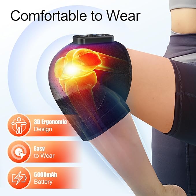 Cordless Knee Massager with Heat Vibration for Pain Relief Electric Heated Knee Brace with 5 Heat Levels and 3 Massage Mode Gifts for Men Women (Black Pair)