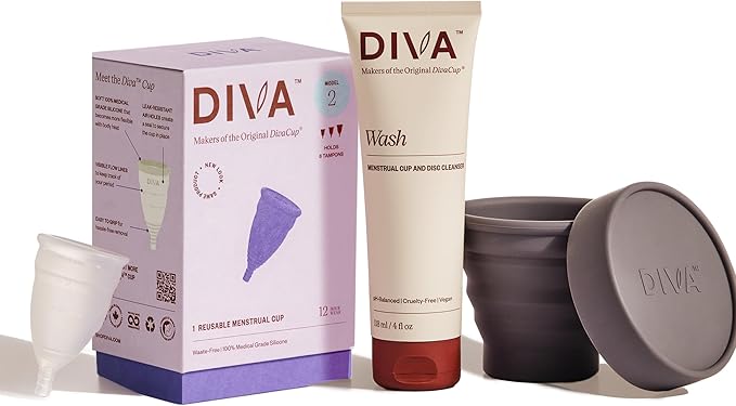 DIVA Cup DIVA Wash &amp DIVA Shaker Combo Pack - Medical Grade Silicone Cup for Period Care - Period Cup Wash - Shaker for On-the-Go Cleansing - Cup Model 2 (Wide Vaginal Canals Post-Partum &amp A