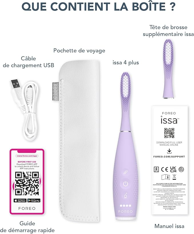 FOREO ISSA 4 Plus Sonic Electric Toothbrush - 4-in-1 AI-Guided Rechargeable Toothbrush Bundle with Extra Silicone &amp Polymer Hybrid Brush Head Soft Bristles Whitening Teeth - Lavander