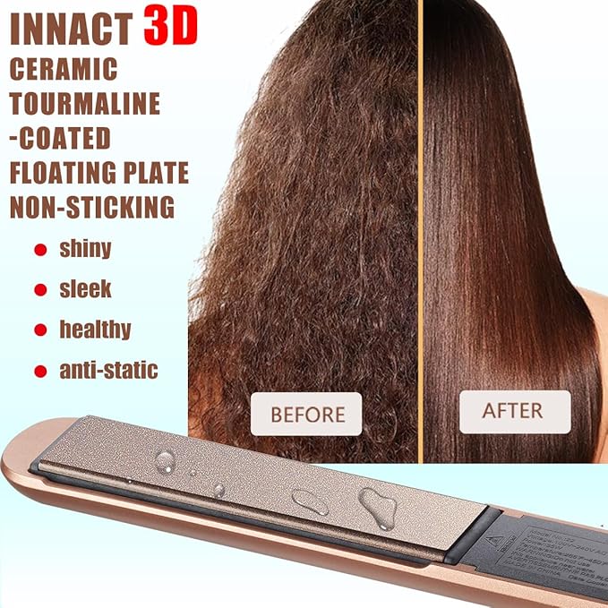 NITION Ceramic Tourmaline Hair Straighteners LCD Flat Iron MCH 10s Fast Heating Up. 1 Smooth 3D Floating Plate Healthy Straightening Tools. Travel Pouch Bag. Dual Voltage. Luxury Gift Box