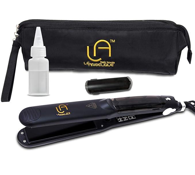 Le Angelique Professional Steam Hair Straightener - 2-in-1 Flat Iron Steamer - Silk Press Results - Works on Thick Coarse Hair | Home &amp Salon Use | Ceramic Tourmaline Plates - Steam and Temp Contr