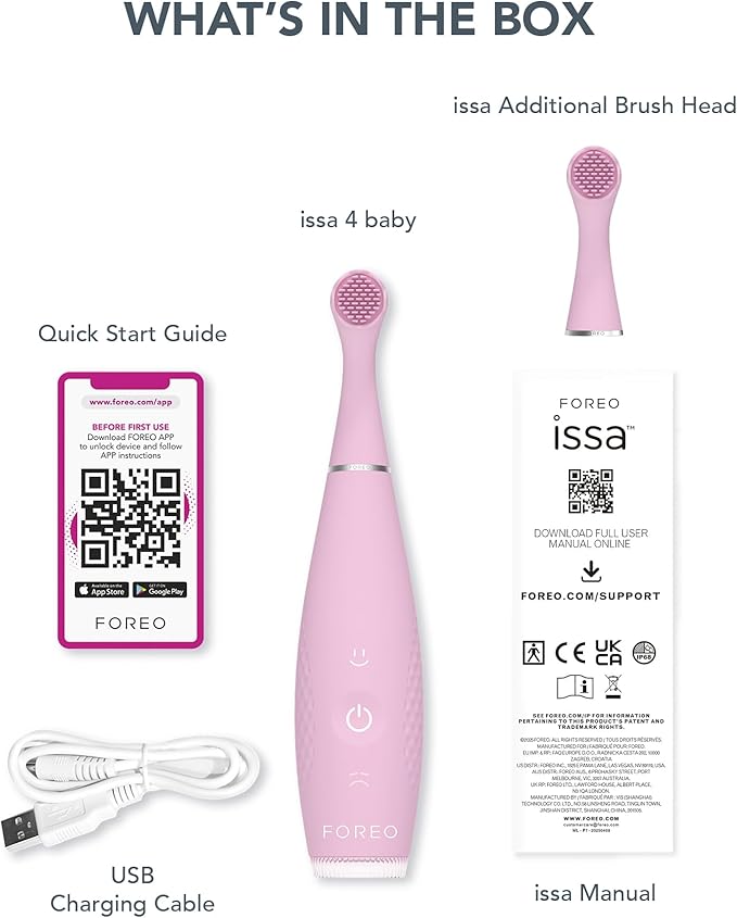 FOREO ISSA 4 Baby – Silicone Sonic Electric Toothbrush Bundle for Babies 2-Sided Bristles Fun Smile Feature Gum Massage 12 Months of Care with Extra Brush Head Travel-Friendly - Pearl Pink