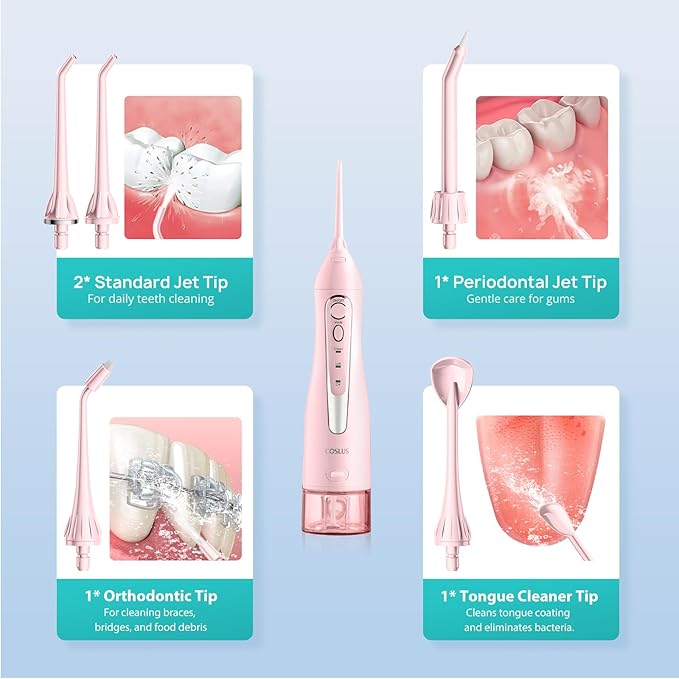 COSLUS Water Dental Flosser Teeth Pick C20(F5020E): Portable Cordless Oral Irrigator 300ML Rechargeable Travel Irrigation Cleaner IPX7 Waterproof Electric Flossing Machine for Teeth Cleaning Pink