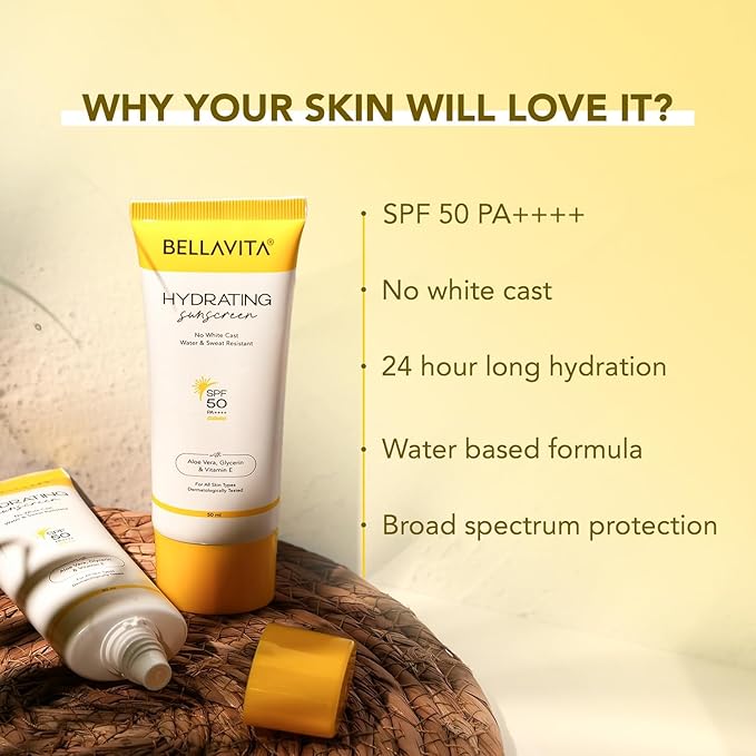 B.e.l.l.a Vita Water based Hydrating Unisex Sunscreen | SPF 50 Lightweight PA+++ | For All Skin Types No White Cast Non - Greasy Finish UV Protection | For Men &amp Women 50ml.