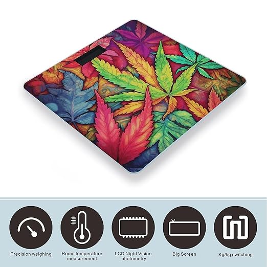 Multicolor Leaf Weed Art Weight ScaleClear LED Display Bathroom Digital Weighing ScaleTempered Glass Digital Bathroom Scale for Body Weight Capacity Up to 400 Lbs