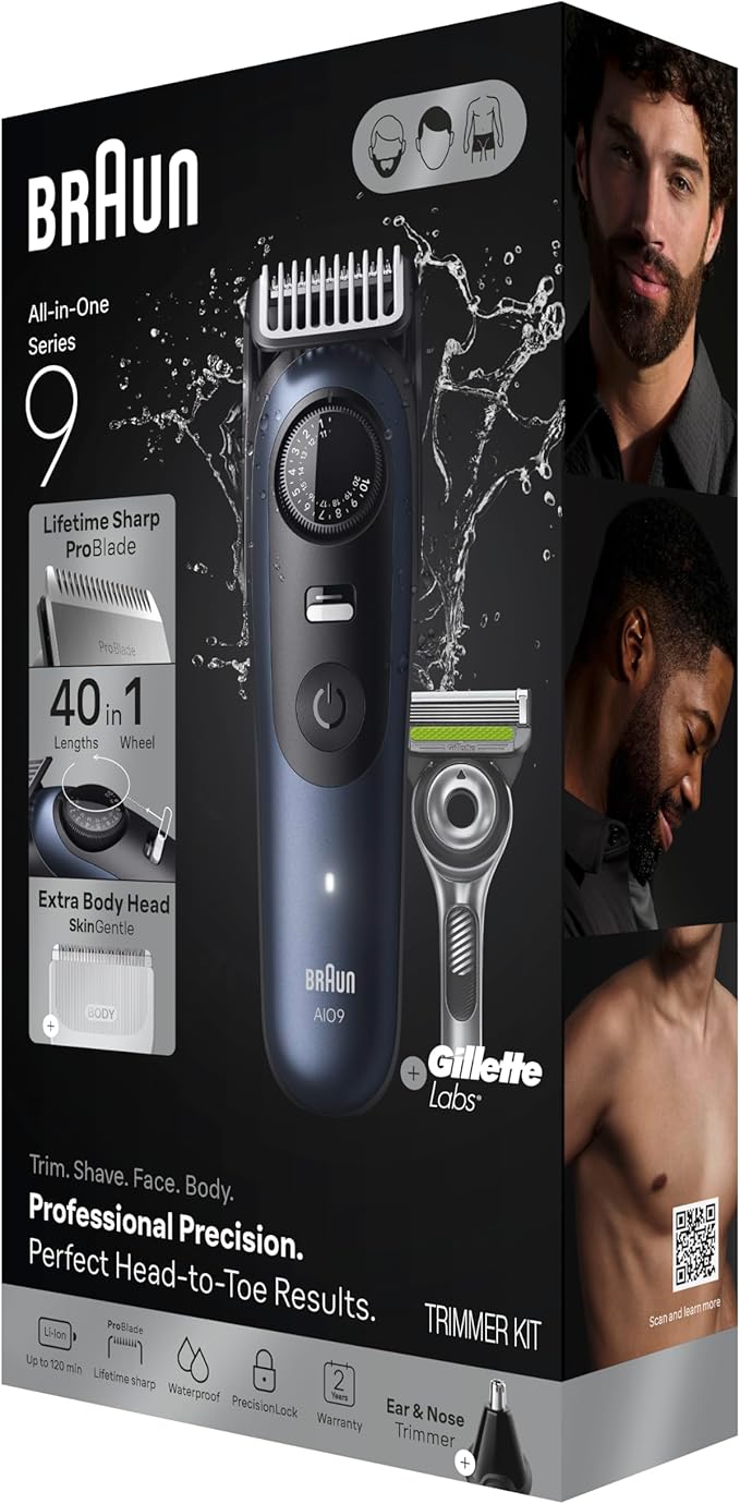 Braun Series 9 All-in-One Beard &amp Body Grooming Kit for Men Cordless Trimmer Hair Clippers &amp Shaver for Face Hair &amp Body with Gillette Labs Razor AIO 9530