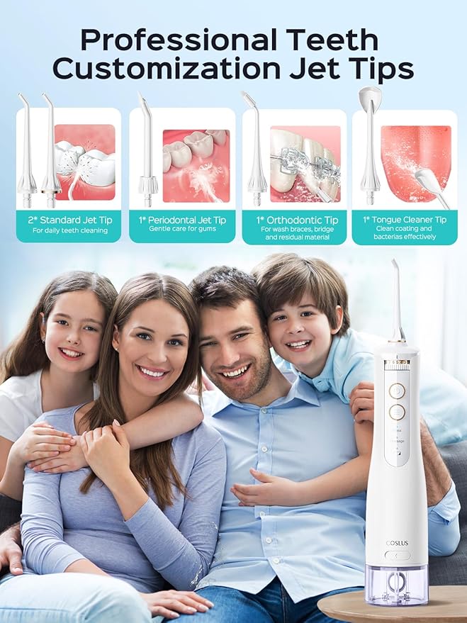 COSLUS Cordless Water Flosser &amp Dental Pick Advanced 10 Pressure Settings for Multiple Users + COSLUS Whitening Water Flosser Replacement Tips with 60 Pcs Mint Refills: Compatible with C20 (F5020E