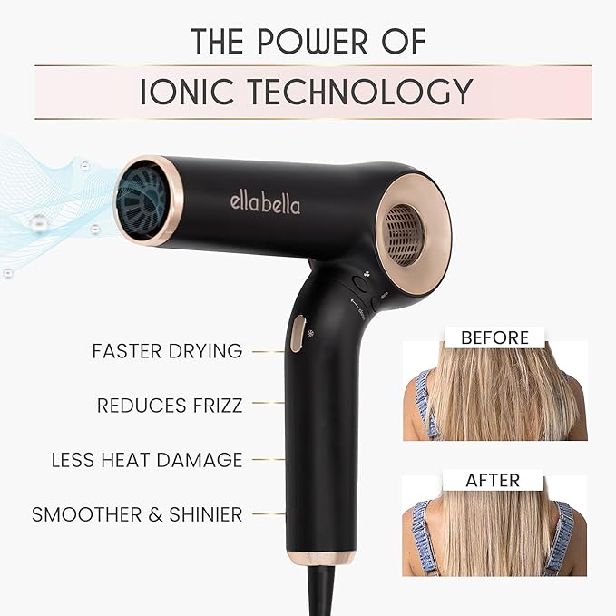 ELLA BELLA® Professional Ionic Hair Dryer (Foldable) • Negative Ion Blow Dryer • Perfect for Travel • Intelligent Heat Control &amp Rapid Drying Speeds • Lightweight Design • Low Noise Technology