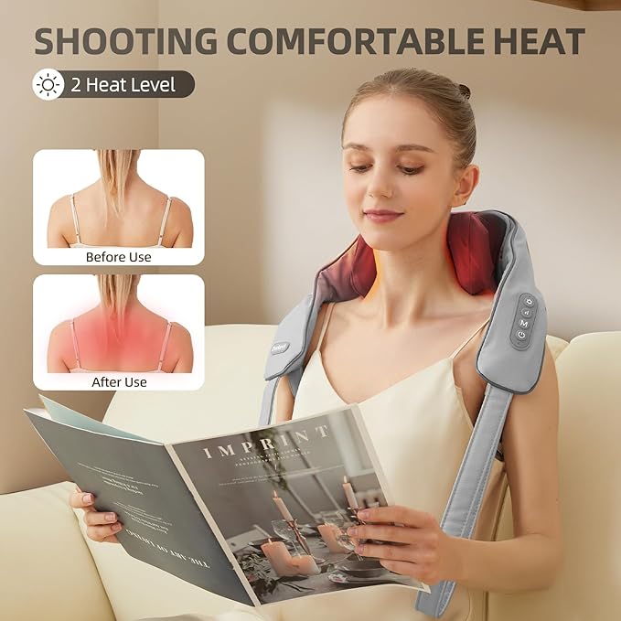 Neck and Shoulder Massager with Heat Cordless Shiatsu Shoulder Massager for Pain Relief Deep Tissue Rechargeable 6D Kneading Massage for Neck and Shoulde Pain Gifts for Mom&ampDad (Grey)