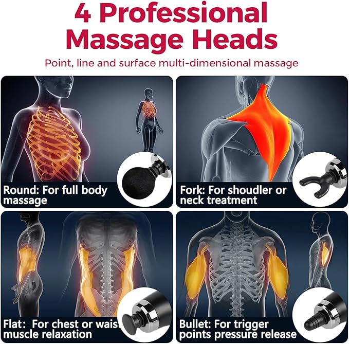 Deep Tissue Massage Gun for Back &amp Full Body – Long Handle Percussion Muscle Massager with 4 Replaceable Heads Adjustable Speeds &amp Quiet Motor – Relieve Muscle Pain Soreness &amp Stiffness