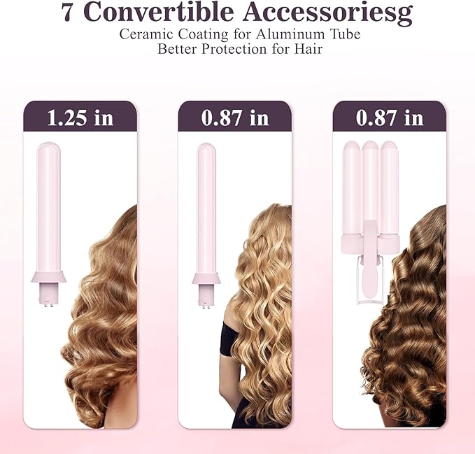 Curling Iron Set 7-in-1 Curling Wand Set with 7 Interchangeable Barrels Included A Heated Round Brush 3 Hair Crimper Ceramic Coating Protect Hair with Gift Package (0.6-1.25) Pink