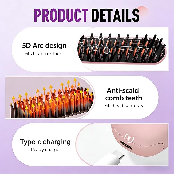 Wireless Hair Straightener mini Hair Straightener 3 Adjustable Temperature Settings LED Display Screen 2-Minute Fast Heating Travel Friendly Design Suitable for All Hairstyles (Pink)