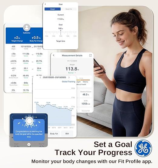 GE Smart Scale for Body Weight: Body Fat BMI Digital Bathroom Scale - 14 Body Composition Analyzer Health Monitor Highly Accurate Bluetooth Weighing Scale with App 400 lb 11 Inch