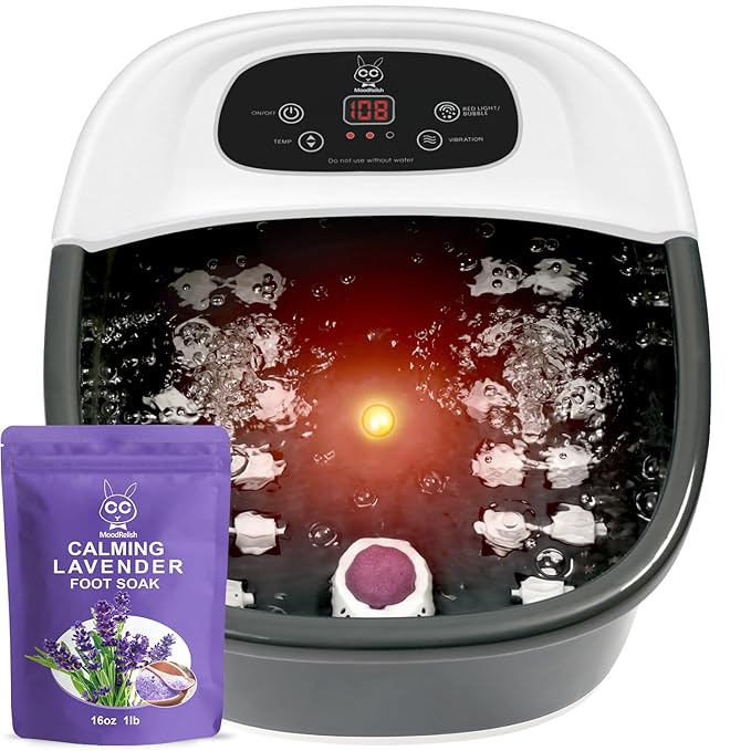 Foot Spa Bath Massager with Heat Bubbles and Vibration Massage and Jets 16 OZ Calming Lavender Foot Soak Epsom Salt MoodRelish Foot Soaker with Red Light 22 Massage Rollers Adjustable Temp - Black