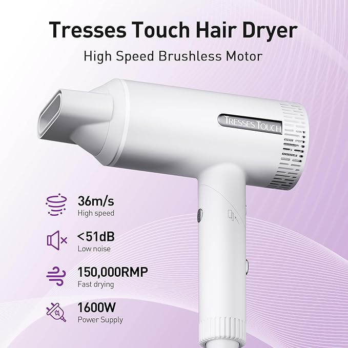 Hair Dryer High-Speed Ionic Blow Dryer Powerful 1600 Watt Motor for Fast Drying and Straight &amp Wavy Hair Foldable Lightweight Hairdryer with Magnetic Suction Nozzle for Home Salon Travel