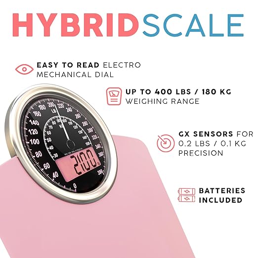 Adamson Hybrid 2-in-1 Analog &amp Digital Weighing Scale for Body Weight up to 400lbs - Thick Tempered Glass - Extra Large Display - Easy to Read Digital Bathroom Scale - New - Pink