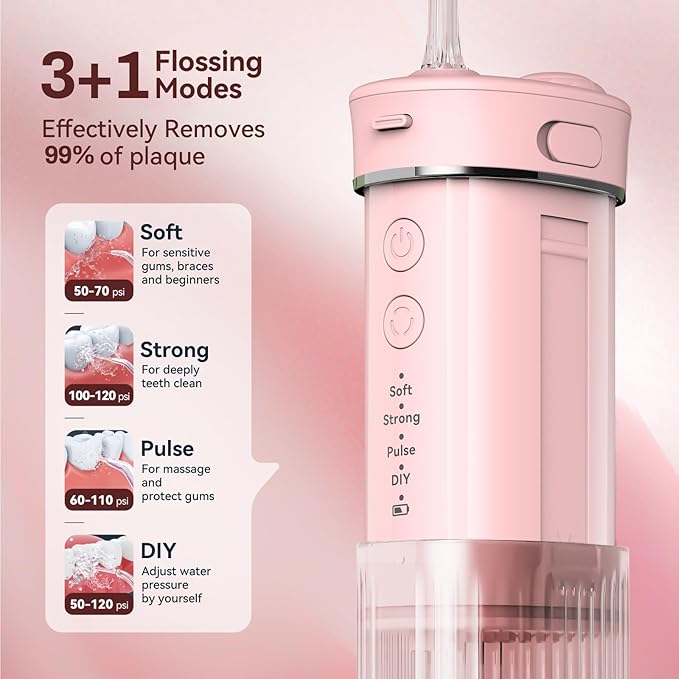 JTF Portable Water Flosser for Travel: Compact Mini Design 3 Modes &amp 8 DIY Pressure Levels for Sensitive Teeth &amp Braces - with 5 Nozzles &amp Removable 230ml Tank Cordless Oral Irrigator fo