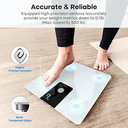 GE Bathroom Scale for Body Weight Digital Weight Scales 500lb Heavy Duty Measuring Device for People Accurate BMI Weighing Machine with Bluetooth White