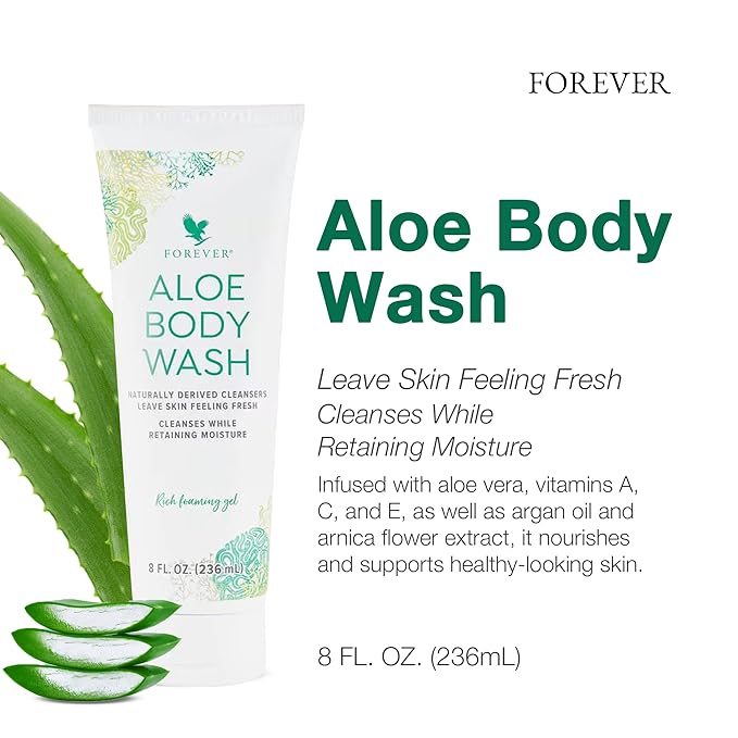 Forever Diving - Forever Aloe Body Wash - Sulfate-Free Cleanser with Aloe Vera Argan Oil &amp Vitamins A C E - Inviting WoOzods &amp Amber Scent - 8 Fl
