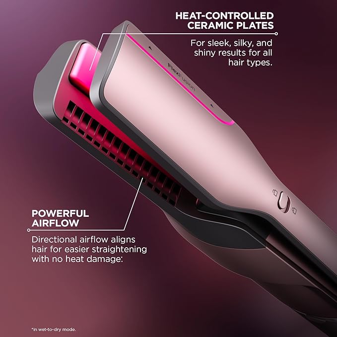 Shark FlexFusion Hair Straightener &amp Powerful Hair Dryer with Fusion Hair Brush Ceramic Air Styler with Auto-Wrap Curlers &amp Concentrator Ceramic Plates Cosmic Blush HD641S