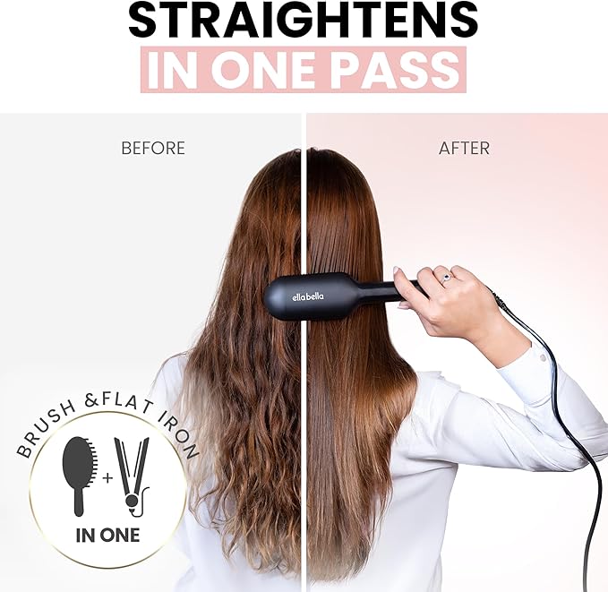 ELLA BELLA® Hair Straightening Brush • Heated Straightener Brush Comb • Straightens in 1 Pass • Ionic Technology for Healthier Hair • Suitable for All Types