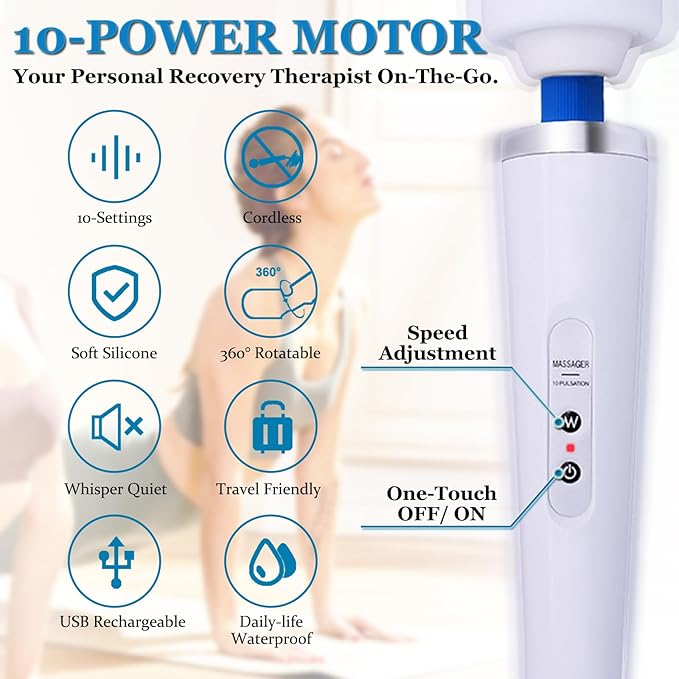 Wand Massager for Women - Cordless High-Frequency Handheld Body Massager with 10 Rhythmic Modes - Ergonomic Back &amp Shoulder Tension Relief - Splash-Proof Personal Wellness Essential(White)