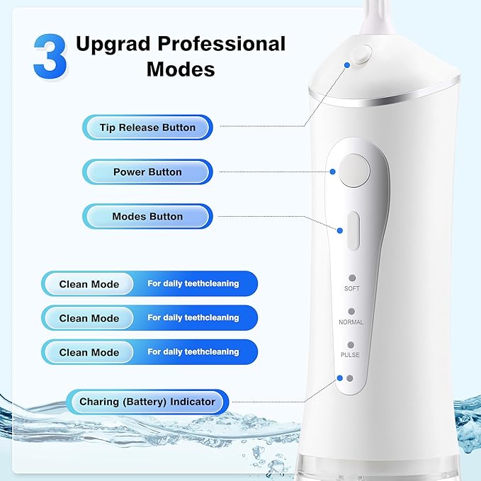 ZUAMEGURechargeable Water Flosser for Teeth Cleaning - Designed for Teeth Portable Oral Irrigator IPX7 Waterproof Includes 5 Professional Tips - Ideal for Daily Oral Care and Family Travel Use
