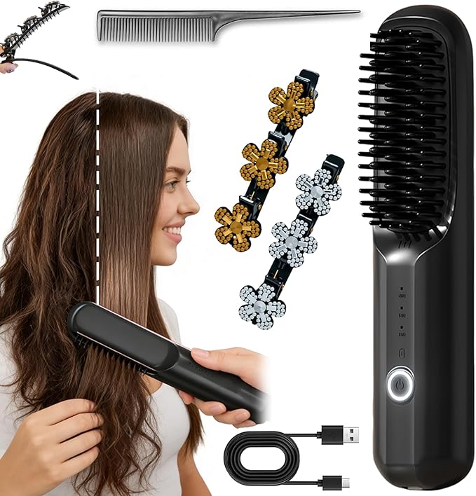 Go Bursh 2026 New USB Cordless Negative Ion Hair Straightening Comb Brush Pro with Sparkling Crystal Stone Braided Hair Clips Portable Hair Straightener Fast Heating Cordless (Black)