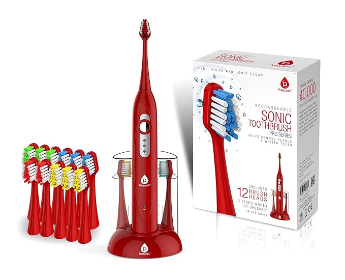 Pursonic S430 SmartSeries Electronic Power Rechargeable Sonic Toothbrush 12 Brush Heads Included Red