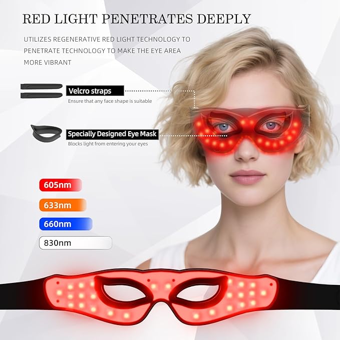LED Eye Mask Red Light Therapy for Eyes Under Eye Red Light Therapy Device for Dark Circles Puffy Eyes Eye Bags &amp Fine Lines Eye Care for Men and Women with Velcro Straps and Eye Protection